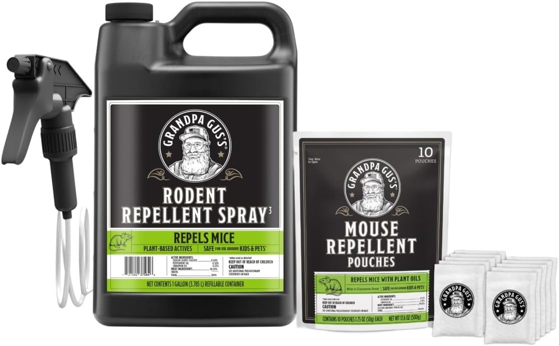 Grandpa Gus's Rodent Repellent Spray with Sprayer (1 Gallon) Bundled with Extra-Strength Mouse Repellent Pouches (10 Pouches)