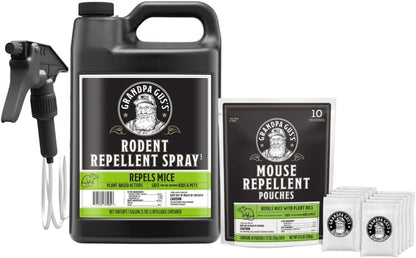 Grandpa Gus's Rodent Repellent Spray with Sprayer (1 Gallon) Bundled with Extra-Strength Mouse Repellent Pouches (10 Pouches)