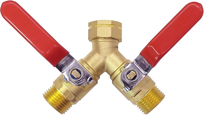 Brass Full Flow Garden Hose Splitter 3/4" GHT Heavy Duty 2 Way Y Valve Water Hose Shut Off Outdoor Faucet Splitter Connector Adapter with Long Handle