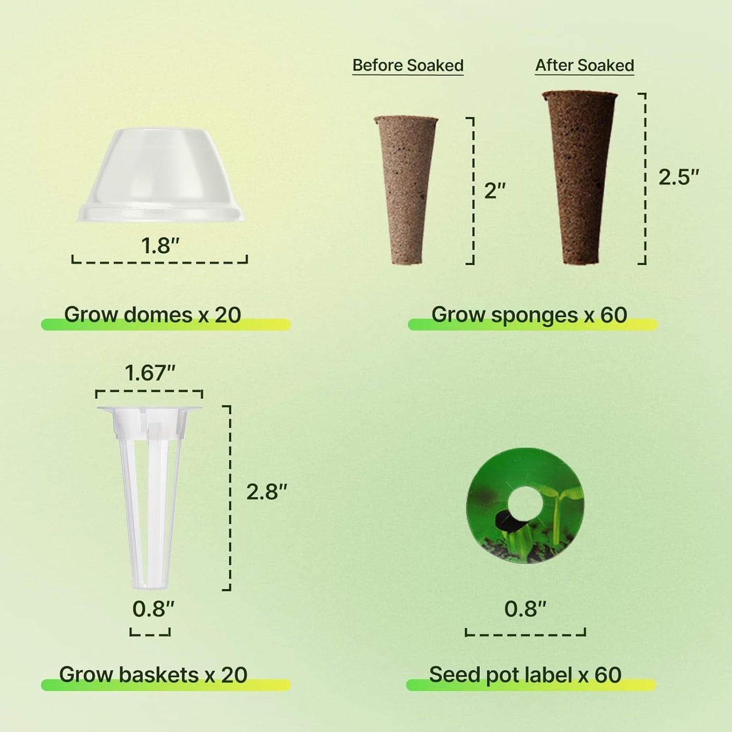 160pcs Hydroponic Pods, Accessories Compatible with Suncoze & Other Hydroponics Growing Systems, Gardening Supplies Garden Pods Include 60 Grow Sponges, 20 Grow Baskets, 20 Domes, 60 Labels