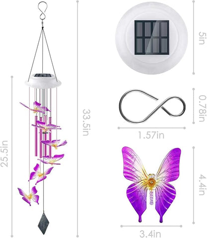 Solar Butterfly Wind Chimes, Gifts for Mom Women, Glowing Top Changing Colors LED Wind Chime for Outside with 4 Iron Tubes, Outdoor Decor Mobile for Garden Yard (Purple)