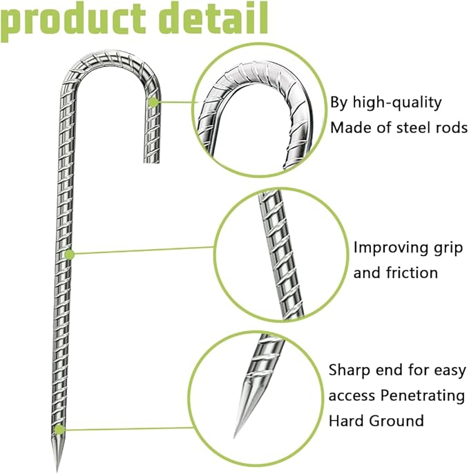 Rebar-Stakes-12-Inch, Ground Stakes Heavy Duty J-Hook Galvanized Anti-Rust Heavy Duty Ground Anchors for Garden Dog Fence Chicken Coop Christmas Decorations Deer Fence 4pcs