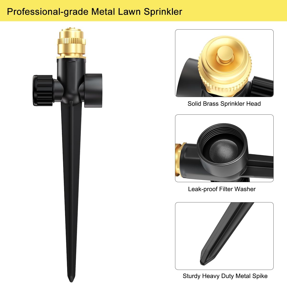 FANHAO Metal Lawn Sprinkler for Yard, 2 Pack Automatic Garden Water Sprinkler on Spike Base, Adjustable Brass Sprinkler Nozzle 360 Degree Large Area Coverage for Lawn Grass Patio Garden Irrigation