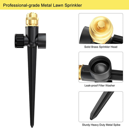 FANHAO Metal Lawn Sprinkler for Yard, 2 Pack Automatic Garden Water Sprinkler on Spike Base, Adjustable Brass Sprinkler Nozzle 360 Degree Large Area Coverage for Lawn Grass Patio Garden Irrigation