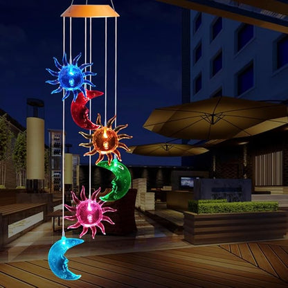 ME9UE Solar Powered Wind Spinner Light, 3 Suns and 3 Moons with 7 Colors Changing Wind Light, Waterproof Hanging Wind Chime Lamp Mobile Suspended Lights for Home Outdoor Garden Lighting Decor