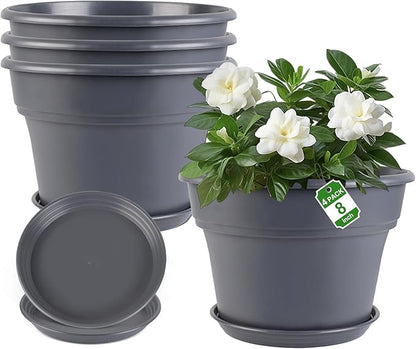8-inch-Plant-Pots-Indoor-Outdoor, 4 Pack Plastic Planters with Drainage Holes & Saucers, Resin Flower Pots with Trays, Classic Garden Pot Container for House