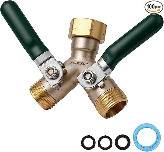 Brass Garden Hose Splitter 2 Way Heavy Duty Adapter, Y Splitter with Shutoff Valve Outdoor Faucet Splitter, 3/4 Inch GHT Thread Connection and Extended Handle Double Hose Bib Splitter