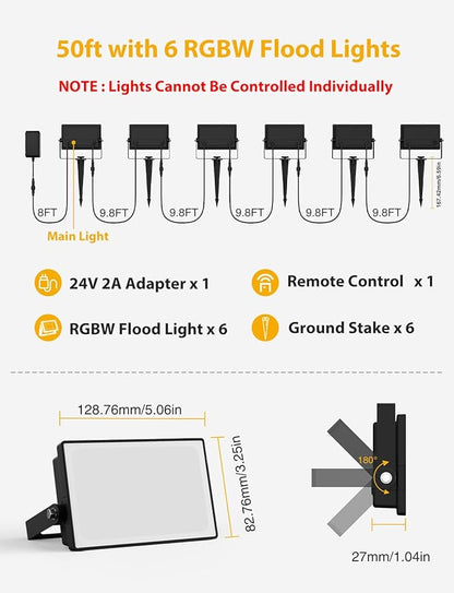 Onforu RGBW Flood Lights Outdoor Remote Control, Color Changing LED Landscape Lights, IP65 Waterproof Uplights for Events, Uplighting for Halloween Christmas Garden Yard Party, Wired 6 Pack 60W