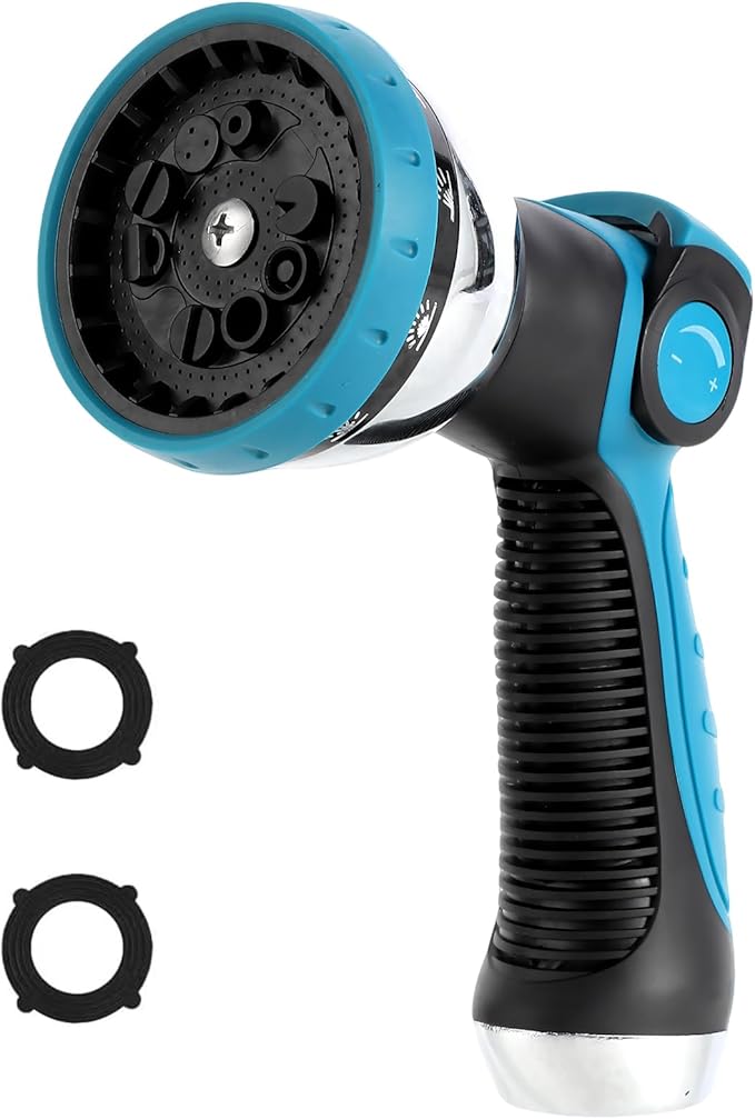 Garden Water Hose Nozzle Metal Heavy Duty Sprayer Thumb Control with 10 Spray Modes Suitable for Watering Plants, Iawn and Garden, Car Washing, Cleaning, Showering Pets and Outdoor Fun, Blue