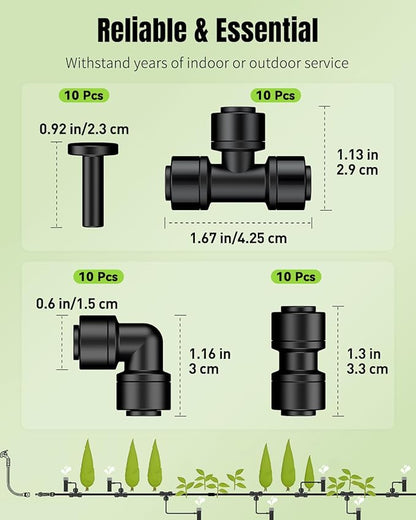 Pawfly 40 Pcs Quick Connect Drip Irrigation Fittings Kit for 1/4" Tubing, Push-to-Fit Drip Line Connectors Set with 10 Tees, 10 Couplings, 10 Elbows & 10 End Plugs, Anti-Leak Drip Irrigation Parts