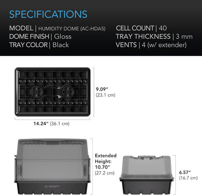 AC Infinity Humidity Dome, Heavy-Duty Germination Kit with 3 mm Thickest Dome, Sturdy Drip Tray, 5x8 Cell Seedling Tray, Vented Height Extension Panels, for Seed Starting, Propagation, Cloning Plants