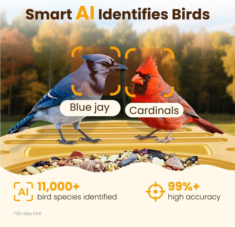Smart Bird Feeder with Camera, 2.5K UHD Bird Feeder Camera Solar Powerd, Sensitive AI Bird Identification, Instant Alerts Capture Bird Video, IP66 Bird Feeder for Outdoor, Ideal Gift, Yellow