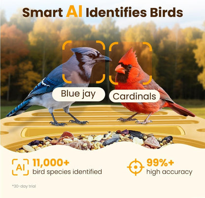 Smart Bird Feeder with Camera, 2.5K UHD Bird Feeder Camera Solar Powerd, Sensitive AI Bird Identification, Instant Alerts Capture Bird Video, IP66 Bird Feeder for Outdoor, Ideal Gift, Yellow