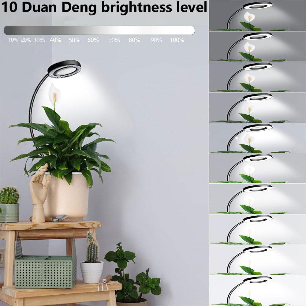 Plant Grow Light, 48 LEDs Full Spectrum Grow Lights for Indoor Plants, Height Adjustable Small Halo Grow Light with Clip, 3 Spectral Modes, Auto Timer 3/9/12Hrs, 10 Levels Brightness,Black