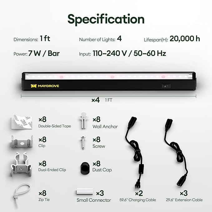 Plant Grow Lights 1FT, Red-Enhanced Full Spectrum 5000K, 28W(4 x 7W), T5 LED Grow Light Strips for Leafy Greens and Vegetables, High PPFD, Linkable, Black, 4-Pack