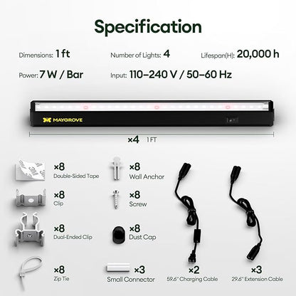 Plant Grow Lights 1FT, Red-Enhanced Full Spectrum 5000K, 28W(4 x 7W), T5 LED Grow Light Strips for Leafy Greens and Vegetables, High PPFD, Linkable, Black, 4-Pack