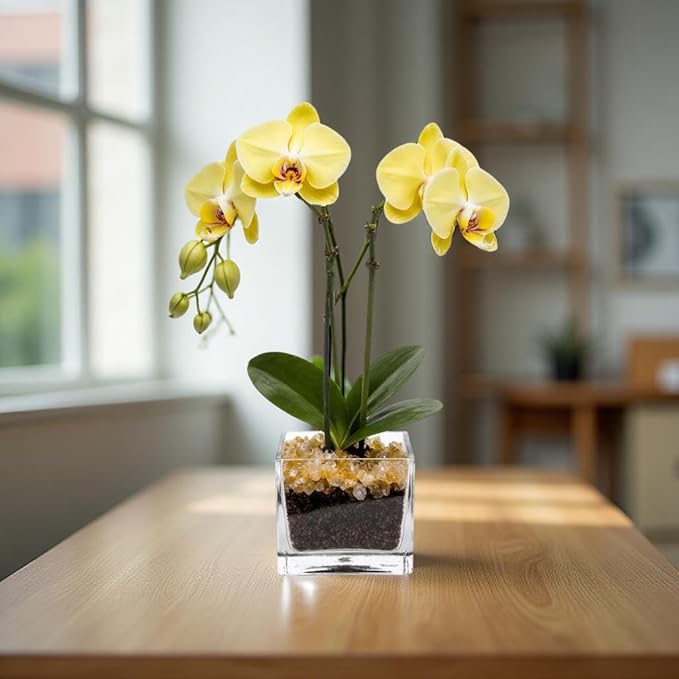 Live Yellow Double Stem Phalaenopsis Orchid Plant with Citrine Quartz - Premium Flowering Houseplant for Home Office Decor, Easy Care Live Plant