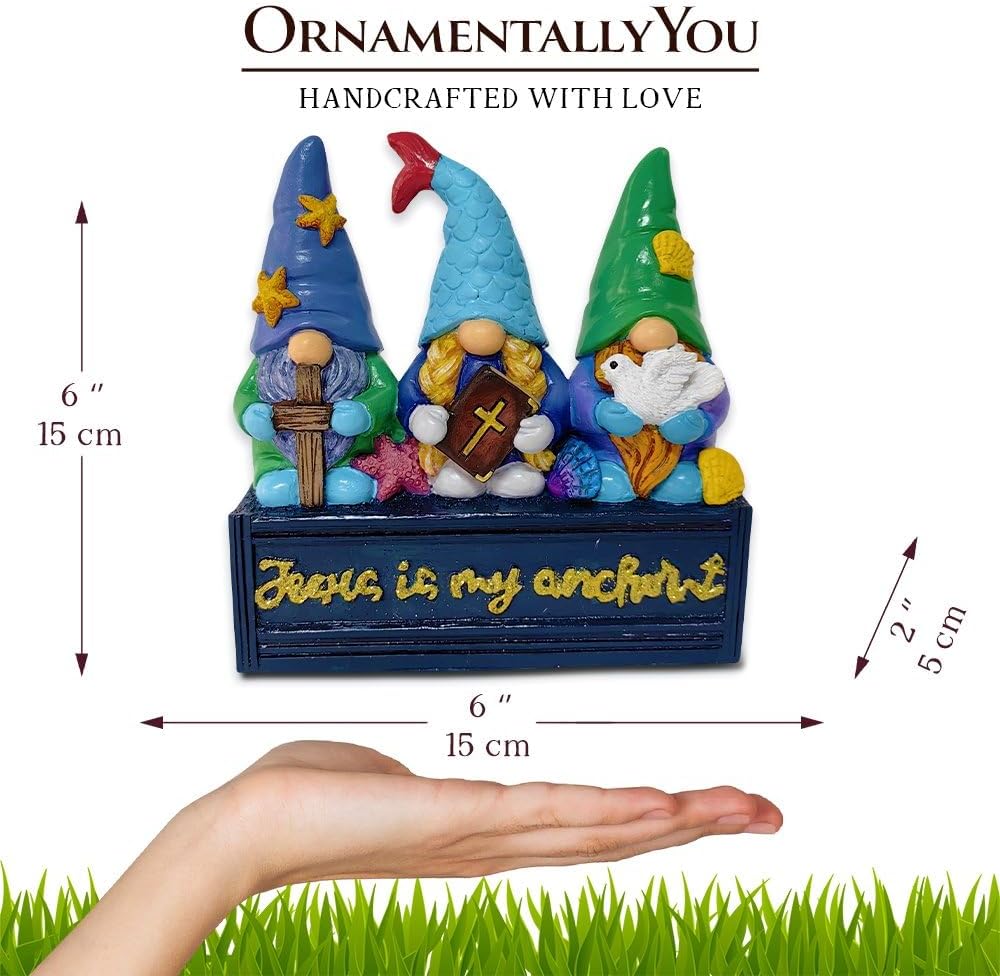 OrnamentallyYou Spring & Summer-Themed Garden Statues – Adorable Outdoor Decor for Lawn, Patio & Porch (Nautical Themed Religious Gnome Figurine, Jesus is My Anchor 6" Beach House Statue)
