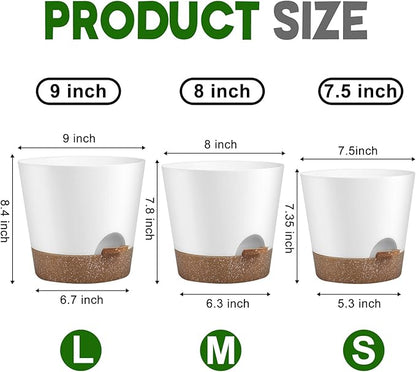 Indoor Outdoor Plant Pots- Self Watering Planters with Drainage Holes and Saucers, 9,8, 7.5 Inches, 3 Pots (Snow)