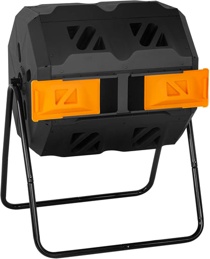 Compost Bin,43 Gallon Compost Bin Kitchen,Tumbling Composting Bins,Dual Chamber Sliding Doors for Garden Patio,Compost Tumbler,Easy to Assemble,Orange Door