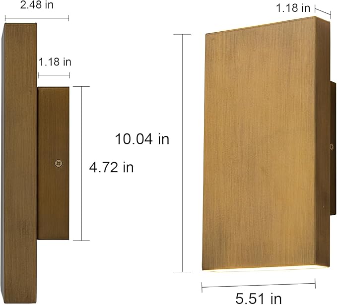 Handmade Gold Up and Down Outdoor Wall Lights 10" LED Patio Wall Light Fixture Rectangle Exterior Lighting Fixtures for House, Porch Entryway Front Door Patio Garage (10W, 3000K/4500K/6000K)