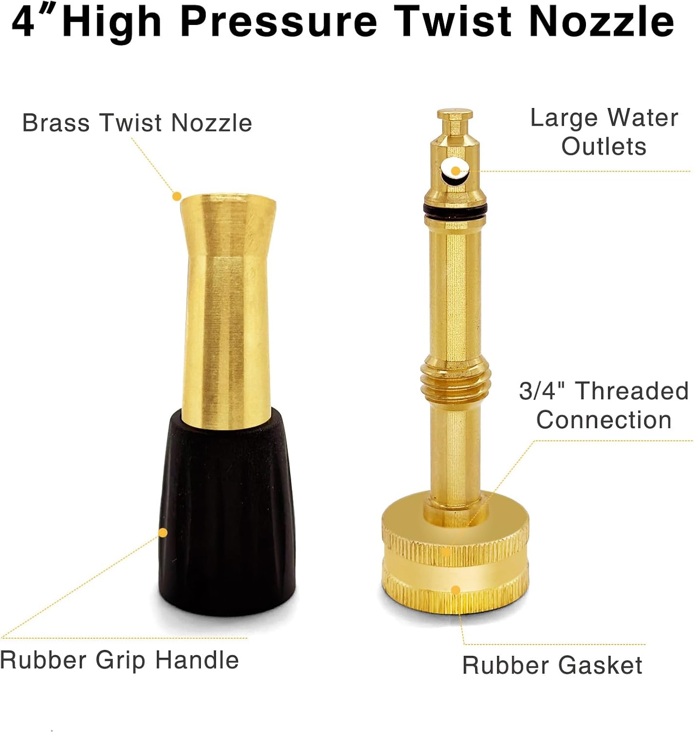Brass Hose Nozzle Cyprium 4" Heavy Duty Water Hose Nozzle with Rubber Grip High Pressure Brass Nozzle for Garden Hose Cleaning Car Watering Flowers Cleaning Ground 2 PCs