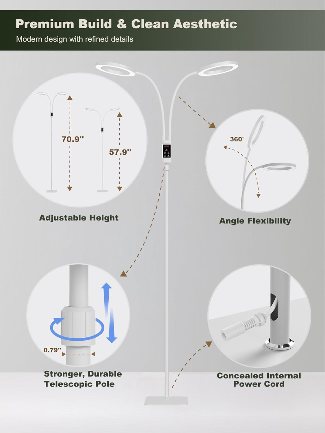 GLOWRIUM Smart Grow Lights for Indoor Plants, 48W Full Spectrum Plant Lights, Bluetooth App & Manual Control, Adjustable Height 47-70.9", Auto Timer, Indoor Plant Lamp for Tall Indoor Plants
