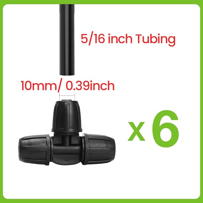 Bonviee 6 Pack 5/16 Inch Drip Irrigation Tee Connectors, Barbed Lock Fittings for 1/2” Tubing, Leak-Proof 3-Way Coupler for Garden Hose, Drip System Repair & Extension