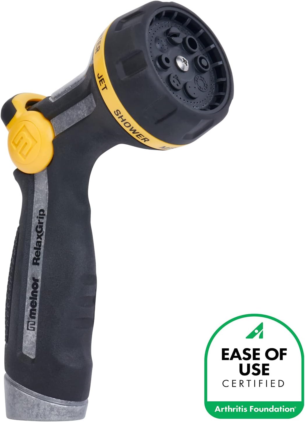 Melnor 65188AMZ RelaxGrip Metal Nozzle, Multi-Pattern, Arthritis Foundation Ease of Use Certified, Quick Connect Bundle, Black, Yellow
