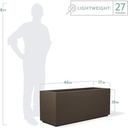 PolyStone Milan Tall Modern Outdoor/Indoor Rectangular Trough Planter, 17" L X 46" W X 19" H, Lightweight, Heavy Duty, Weather Resistant, Polymer Finish, Commercial and Residential (Chocolate Brown)