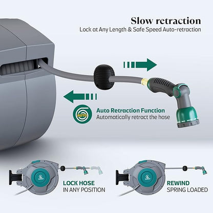 100 ft x 5/8" Retractable Garden Hose Reel, Heavy Duty Water Hose Reel Wall Mounted, Any Length Lock, 180°Swivel, Water Hose with 10-Function Nozzle for Cleaning, Watering (Green)