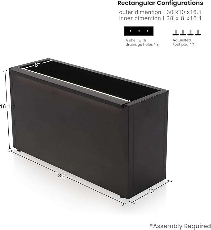 GSK 30" L Black LED Metal Planter Rectangle Flower Box Light Strips ×2 Galvanized Trough Indoor Rectangular Outdoor Patio Terrace Balcony Garden Plant with Drainage Holes & Insert