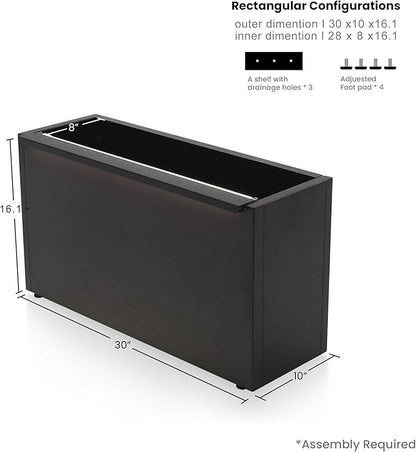 GSK 30" L Black LED Metal Planter Rectangle Flower Box Light Strips ×2 Galvanized Trough Indoor Rectangular Outdoor Patio Terrace Balcony Garden Plant with Drainage Holes & Insert