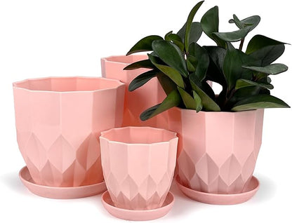 Flower Pots, 8.3/7.1/5.9/4.3 inch Nursery Plant Pot with Drainage Holes and Hole Mesh Pad and Saucers Tray for Indoor Garden Plants, Succulent, Orchid and Cactus