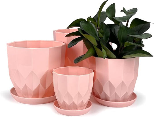 Flower Pots, 8.3/7.1/5.9/4.3 inch Nursery Plant Pot with Drainage Holes and Hole Mesh Pad and Saucers Tray for Indoor Garden Plants, Succulent, Orchid and Cactus