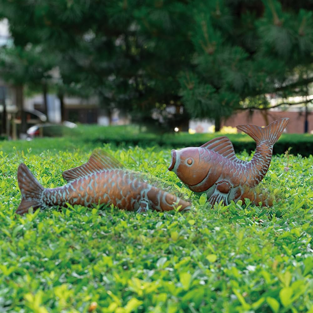 Metal Koi Fish Sculptures, Outdoor Garden Sculptures & Statues, Antique Copper Koi Pond Decor, Set of 2 Koi Fish Figurines Artwork, Garden Statue for Indoor Outdoor Patio Backyard Home Kitchen