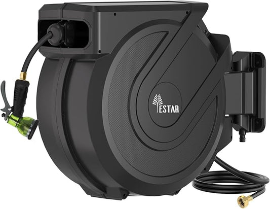 Retractable Garden Hose Reel 5/8" x100 ft, AutomaticHose Reel with 7 Pattern Nozzle, Any Length Lock Wall Mounted &180 Deg Swivel