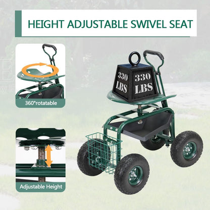 PLKO Garden Cart on Wheels,Rolling Garden Cart with Seat,Heavy Duty Gardening Stool with Basket,Adjustable Steering Handle, 360 Degree Swivel Seat for Yard,Patio,and Outdoor