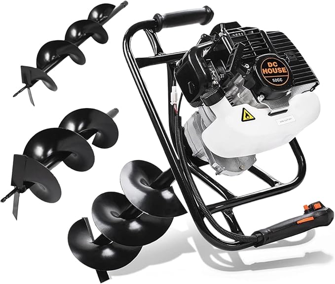 DC HOUSE 52cc 1800W Gas Powered Earth Auger EPA Certified Post Hole Digger, with 2 Drill Bits 6" 10", Mixing Ratio 30:1, for Fence, Farmland and Garden