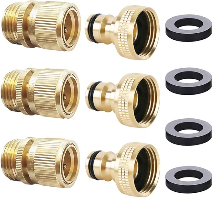 HQMPC Garden Hose Quick Connector Water Hose Quick Connect ¾ inch GHT Brass Easy Connect Fitting Quick Connect Hose Fittings Garden Hose Fitting Water Hose Connectors (3SETS)