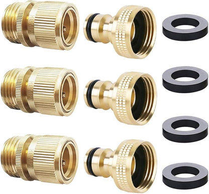 HQMPC Garden Hose Quick Connector Water Hose Quick Connect ¾ inch GHT Brass Easy Connect Fitting Quick Connect Hose Fittings Garden Hose Fitting Water Hose Connectors (3SETS)