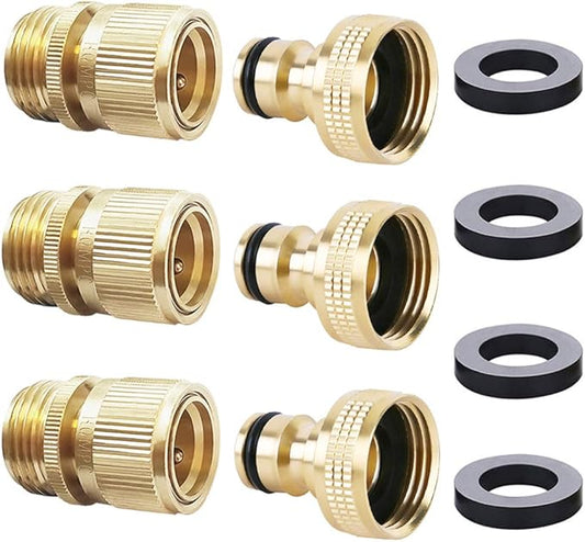 HQMPC Garden Hose Quick Connector Water Hose Quick Connect ¾ inch GHT Brass Easy Connect Fitting Quick Connect Hose Fittings Garden Hose Fitting Water Hose Connectors (3SETS)