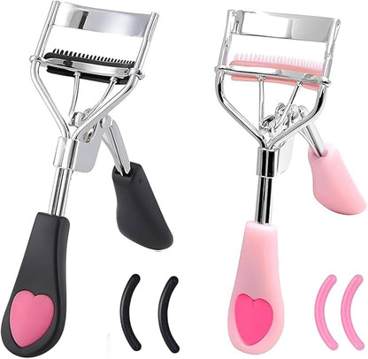 2 Pcs Stainless Steel Eyelash Curler with Built-in Comb Pinch Pain-Free Suitable for Any Eye Shapes and Sizes, with 4 Silicone Refill Pads（Black&Light Pink）