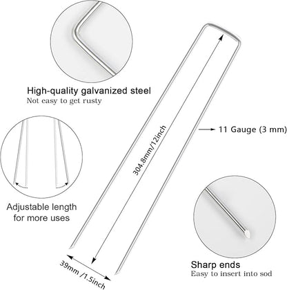 FEED GARDEN 12 Inch 100 Pack Galvanized Landscape Staples 11 Gauge Anti-Rust Garden Stakes Landscaping Fabric SOD Pins Yard Stakes for Weed Barrier Fabric