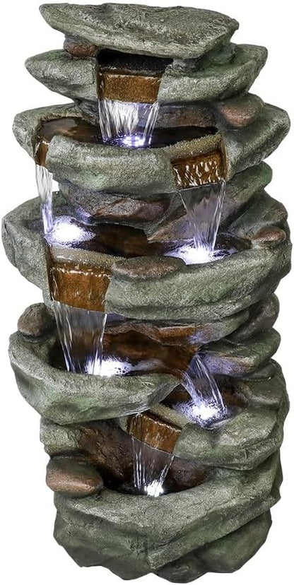 SunJet 40.5” High Rocks Outdoor Water Fountain - 6-Tiers Cascading Waterfall with LED Lights, Soothing Tranquility for Home Garden, Yard Decor
