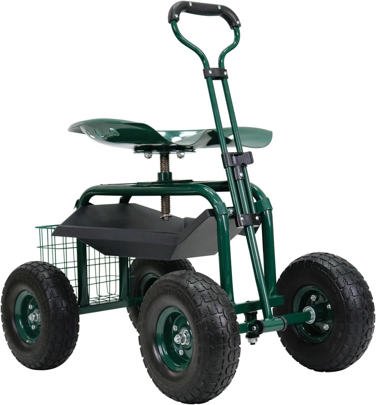 PLKO Garden Cart on Wheels,Rolling Garden Cart with Seat,Heavy Duty Gardening Stool with Basket,Adjustable Steering Handle, 360 Degree Swivel Seat for Yard,Patio,and Outdoor
