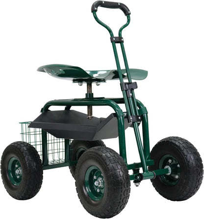 PLKO Garden Cart on Wheels,Rolling Garden Cart with Seat,Heavy Duty Gardening Stool with Basket,Adjustable Steering Handle, 360 Degree Swivel Seat for Yard,Patio,and Outdoor