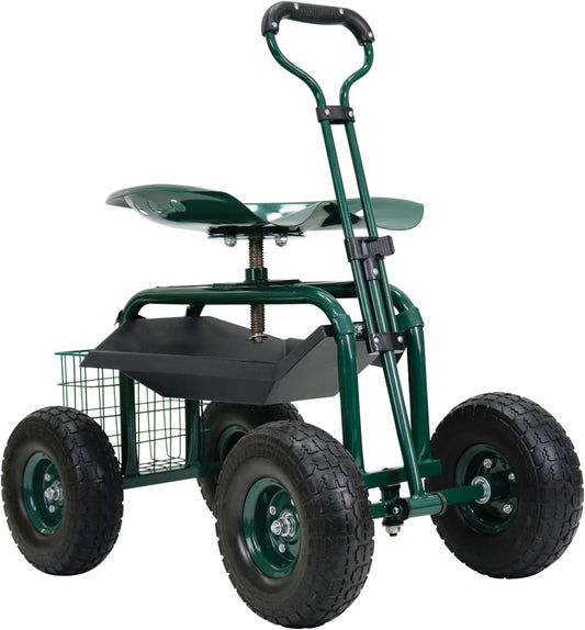 PLKO Garden Cart on Wheels,Rolling Garden Cart with Seat,Heavy Duty Gardening Stool with Basket,Adjustable Steering Handle, 360 Degree Swivel Seat for Yard,Patio,and Outdoor