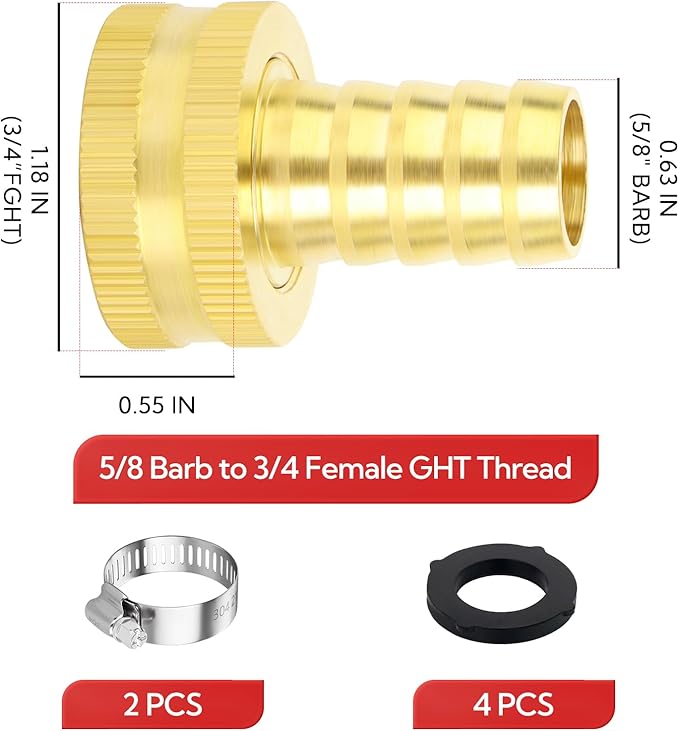 2Pcs 5/8 Barb to 3/4 GHT Female Thread Brass Garden Hose Pipe Connector, Hose Swivel Adapter for Garden Hose Repair