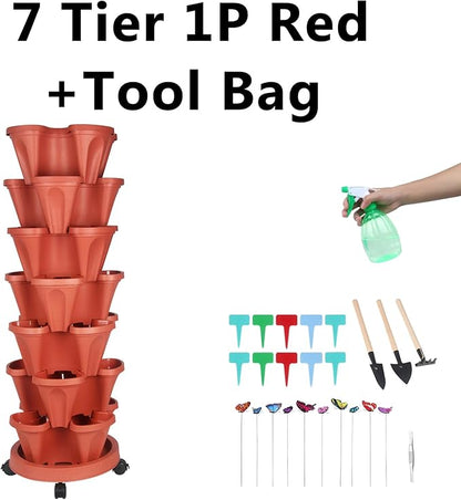 Vertical Planter, 7 Tier Stackable Strawberry Planter with Garden Tool Set, Movable Indoor/Outdoor Garden Herb Pot for Growing Vegetables and Succulents, Red
